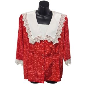 Vintage Nilani Women's Red White Polka Dot Lace Collar Blouse Size 11/12